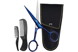 ONTAKI 5" Beard Moustache Scissors Professional German Steel 2 Comb Carrying Pouch Mustache Trimming - Hand Forged Bevel Edge Precision Men Facial Hair Grooming Kit All Body Hair (Midnight Blue)
