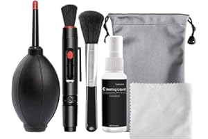 AMSIXO Kit limpiador de cámara digital 6 en 1 que incluye soplador de polvo con hisopos de limpieza, paños de microfibra y bolígrafo de limpieza de cámara, paños de microfibra