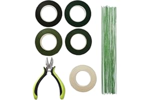 KINDPMA 7 Pcs Fleuriste Ruban Vert Adhesif Fil de Fer Fleur Vert Fil de Fleur Tige Jauge 26 avec Ciseaux de Coupe Pince Diagnonale pour Bouquet Tige Wrap Fleuriste DIY Jardinage Mariage