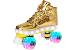 SPRLN Women's Roller Skates, Classic Quad Roller Skates, PU Leather Four-Wheel Light Up Skates, for Outdoor Indoor, Beginner Teens Youth Girls Boy,Gold,UK 4/EU 36