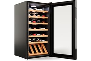 °CUBES Weinkühlschrank 28 Flaschen (90L) mit eleganter Glastür & hochwertigen Regalen aus Buchenholz | 5-18°C, vibrationsarm & leise (40dB) | Weinschrank mit LED Display - Tolles Geschenk