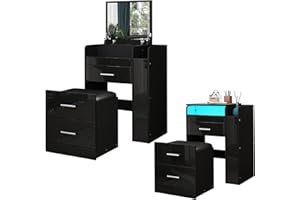 SENVOZIII Schminktisch Frisiertisch Frisierkommode Spiegel 3 Schubladen Tisch Kommode LED Beleuchtung für Schlafzimmer Wohnzimmer Schwarz