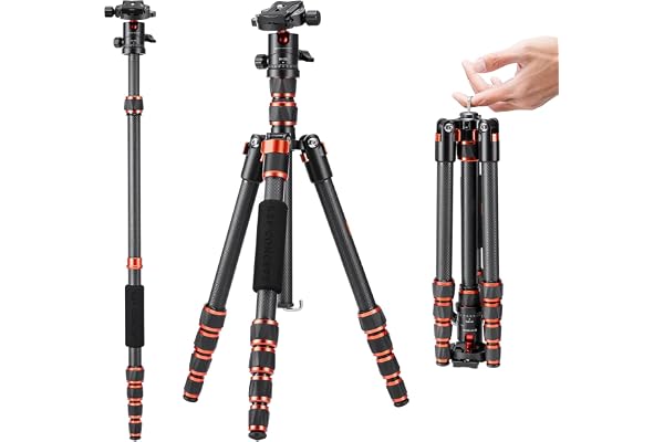 K&F Concept Trepied Carbone Monopode Appareil Photo 153cm, Trépied Professionel Compact A225C0 pour DSLR, Trepied Voyage Leger 5 Sections avec Rotule Metal Sac Transport Inclus Max:8kg
