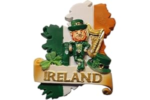 THOMAS BENACCI Ireland Map and Flag Collage Magnet - Leprechaun/Shamrock/Celtic Harp/Green Top Hat/Post Box/Irish Tricolour Green White Orange/Emerald Isle Souvenir