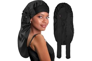 BONNET QUEEN Long Silk Satin Hair Bonnet for Sleeping Satin cap Sleep Bonnet for Hair Long Curly Braid Locs Dreadlocks, Black