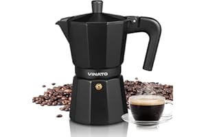 ‎VINATO VINATO Espressokocher, Aluminium Espressokocher für die Herdplatte, Italienische Kaffeekocher, Kaffeekocher Camping, Moka-Kanne 6 Tassen, mit Sicherheitsventil, Schwarz, Nicht Induktion Geeignet