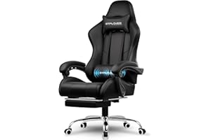 LUCKRACER Gaming Chair Massage With Footrest Ergonomic Computer Chairs High Back Support Height Adjustable Reclining Heavy Duty PC Chair (Faux Leather, Black)