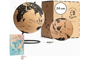 TRIPVEA® Globe terrestre 24 cm vintage en liège + 342 drapeaux autocollants à planter - Mappemonde décorative thème voyage - Idée cadeau et déco idéale pour votre bureaux ou votre enfant