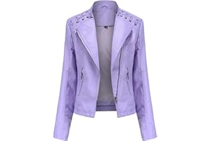 LIEVETY Women's Faux Leather Moto Jacket Zip Moto Pu Leather Biker Jacket Coat with Pockets Outwear Slim Coat