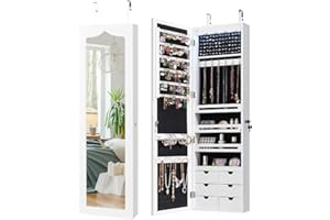 CASART Wall & Door Mounted Jewellery Cabinet, 5 LED Lighted Lockable Jewelry Armoire with Full-Length Mirror, Adjustable Hanging Storage Makeup Box Jewelry Organizer (White)