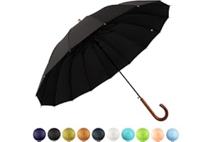 SoulRain 16 Ribs 48 Inch Stick Umbrella, Auto Open, Solid Color, Fashionable and Simple, Arc Classic Wooden Handle, Windproof Unbreakable Umbrella, black