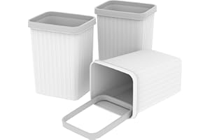 Cetomo 8.2L*3 Plastic Waste Paper Bin, Trash Can, Small Bins, Bedroom Bin, Square Waste Basket with Rim Lid and Solid Stripe for Kitchen Rooms, Nesting, Matte, Frosted, Minimalist, White, 8.2L(3 Pack)