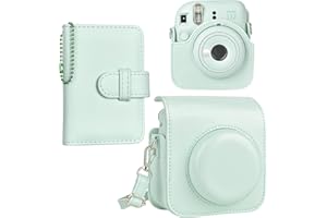HIYQIN Estuche para cámara instantánea Compatible con Instax Mini 12, Bolsa de Cuero PU con Bolsillo, Correa Ajustable para el Hombro y Mini álbum de Fotos con 28 Bolsillos (Verde Puro)