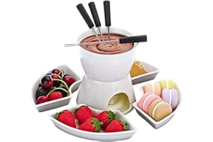 Homezone Ceramic 10 Piece Fondue Set - Temperature Resistant Black Silver Non-Toxic 2 Fondue Burner with Stainless-Steel 4 Forks and 4 Dipping Dishes - Kitchen Cookware Set for Cheese and Chocolate