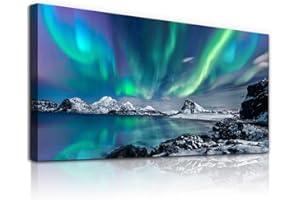 hyidecorart Cuadros Decoracion Dormitorios Verde Aurora Boreal, 1 Parte Cuadro Pared Lienzo Montañas De Invierno Cielo Estrellado Con Luces Polares, Para Sala Comedor Oficina Pasillo Cocina Y Baño