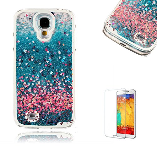 Für Samsung Galaxy S4 Hülle,Für Samsung Galaxy S4 Flüssigkeit Handyhülle,Funyye Luxus Luxuriös [Bunten Muster] Liebe Herzen Star Fließt Treibsand Durchsichtige Handytasche Glänzend Glitzer Diamond Diamant Fließen Flüssig Flüssigkeit Handyhülle Handy Hülle Case Tasche Crystal Case Durchsichtig Schutzhülle Etui Bumper Für Samsung Galaxy S4 + 1 x Frei Displayschutzfolie - Blau Glitter,Liebe Herzen