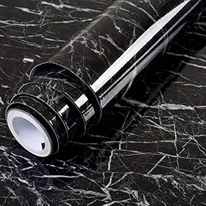 Marble Aluminum Foil Kitchen Stickers Oil-Proof Waterproof Self Adhesive Wallpaper PVC Bathroom Wall Stickers Contact Paper (Black)