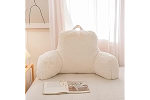 LANPEW Rückenkissen für Bett und Sofa mit Armlehnen Ergonomisches Lesekissen Erwachsene Atmungsaktives Lesesitzkissen mit Abnehmbarem Bezug Für Lesen,Arbeiten (Plüschen Weiß, 60 * 40cm)