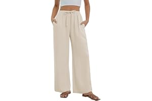 Stamain Womens Linen Trousers Summer Baggy Wide Leg Pants Ladies Elastic Waist Light Weight Trousers for Women with Pockets Loose Fit