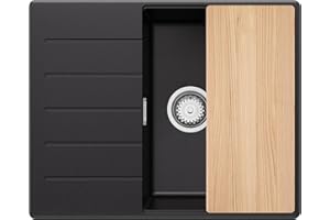 Fregadero Cocina Negro 62x50cm, Fregadero Granito 1 Seno + Sifón + Tabla de cortar, Fregadero sobre encimera al mueble 45cm - Copenhague Top de Primagran