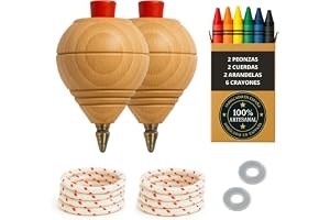 Träsnurra för barn, 2-pack snurror + 6 vaxkritor + 2 brickor