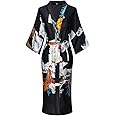 DandyChic Women's Long Floral Satin Robes Imitation Silk Sleepwear Bridal Dressing Gown for Bridesmaid Nightgown, Black, Small