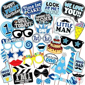 WOBBOX First Birthday Photo Booth Party Props Blue for Baby Boy , 1st Birthday Decorations for Boys , Kids Birthday Party Decoration Items