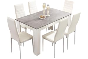 Blisswood Dining Table Set, Dining Table And Chair Set, Pu Leather Dining Room Chairs and 17mm Thick Table Top Long Modern Dining Table Set (Grey Marble Table And 6 White Chair)