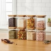 Deconox 6'lı Set 275 ml Bambu Kapaklı Kare Cam Kavanoz - Vakumlu Mini Boy &Ccedil;ekmece İ&ccedil;i Baharatlık ve Şeffaf Saklama Kabı Organ
