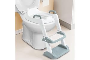 BIZCASA Foldable Toddler Potty Training Toilet Seat, with Guard Handles Soft Pad, Adjustable Kids Toilet Training Seat with Step Tools, Portable Anti-Slip Folding Ladder Potty Chair for Boys Girls (GREY)