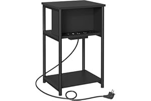 ‎VASAGLE VASAGLE Stolik boczny, mały stolik nocny z listwą zasilającą, cienki, 2 gniazda AC, 2 porty USB, 30 x 34 x 58 cm, do salonu, sypialni, czarny LET375B02