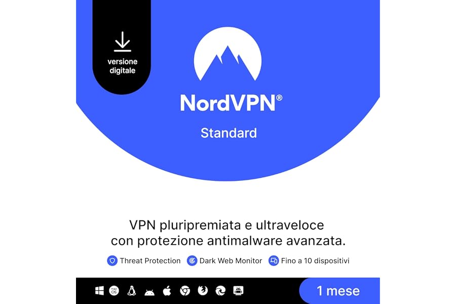 NordVPN Standard, 10 Dispositivi, 1-Mese, VPN e Cybersecurity, Codice Digitale