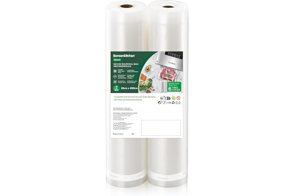 Bonsenkitchen Sacs sous Vide Alimentaire 2 Rouleaux de 28 x 600 cm Sac Sous Vide pour la Conservation des Aliments et la Cuisson, sans BPA, VB3207