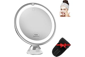 JANDTEK Espejo con luz y Aumento X10 + Diadema Maquillaje - Espejo Led para tocador con Ventosa con Pilas (no Incluidas)
