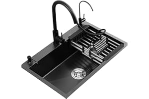 SYNSHOP Fregadero De Cocina Negro Fregadero De Acero Inoxidable Grifo Extraíble Negro Fregadero De Un Seno Fregadero De Barra Accesorios Incluidos (Color : negro, S : 80x50x20cm)