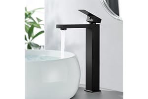 BOOXELY Robinet Salle Bain Noir, Mitigeur Lavabo Haut, Mitigeur Monocommande Salle de Bain eau Chaude et Froide, Moderne Robinetterie Vasque à Poser, Avec Tuyaux d'eau Froide et Chaude