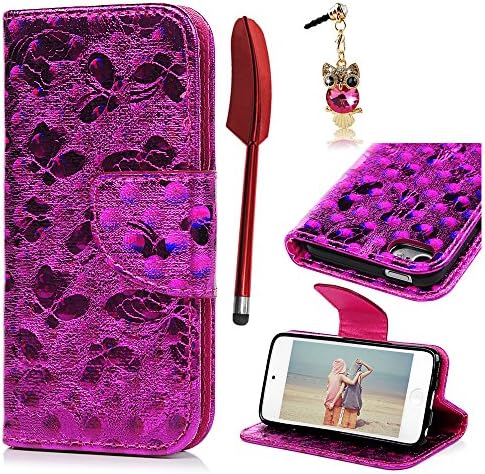 iPod Touch 5 6 Case,Wallet Case 3D Chameleon Effect Special Unique Design Credit Card Slots Wrist Strap Flip Protective Cover for iPod Touch 5 /Touch 6 - Rose red