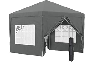 Outsunny 3 x 3 M Pop Up Gazebo, Wedding Camping Party Tent Canopy Marquee with Carry Bag and 2 Windows, Grey