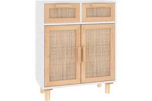 vidaXL Aparador Auxiliar Armario Consola Mueble Almacenamiento Estantería Salón Sala de Estar Casa Madera Maciza Pino y Ratán Natural Blanco