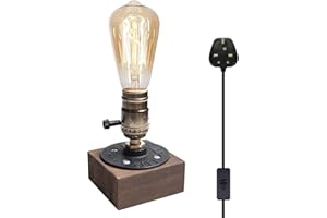 Luxvista E27 Vintage Wooden Table Lamp Base, Industrial Edison Desk Lamp Holder with UK Plug, Rustic Bedside Desk Lamps for Cafe Bar Bedroom Living Dining Room Decoration (Bulb Not Included)