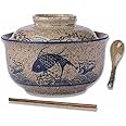 Set De 2 Grands Bols à Ramen En Céramique 1800 Ml - 23,8 Cm - Fourchettes, Baguettes Et Cuillères En Bois Incluses