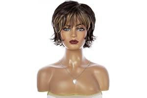 CGVG Braune Kurzhaaperücke Damen Gestufte Lockige Kurze Perücke mit Blondem Pony Natürliche Sythetische Kurzhaarschnitt Perücke für Frauen Tägliche Tragen Party Make-Up Karneval Fasching