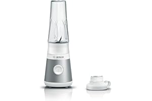 ‎BOSCH HAUSGERÄTE Bosch, mini blender, seria VitaPower 2, system ProPerformance z szybkim miksowaniem, silnik o mocy 450 W, ostrza ze stali nierdzewnej, szczelny, butelka Tritan ToGo, jasnosrebrny, biały, MMB2111