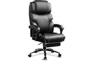 ‎KCREAM KCREAM Bürostuhl Atmungsaktiver Leder mit Fußstütze Chefsessel mit hoher Rückenlehne und Verstellbarer Armlehne Schreibtisch Drehsessel höhenverstellbar bis 210 KG(schwarz)