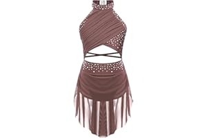 dPois Enfant Fille Robe Patinage Artistique Fille Strass Justaucorps Robe Danse Classique Sans Manches Lyrique Tenue 5-16 Ans