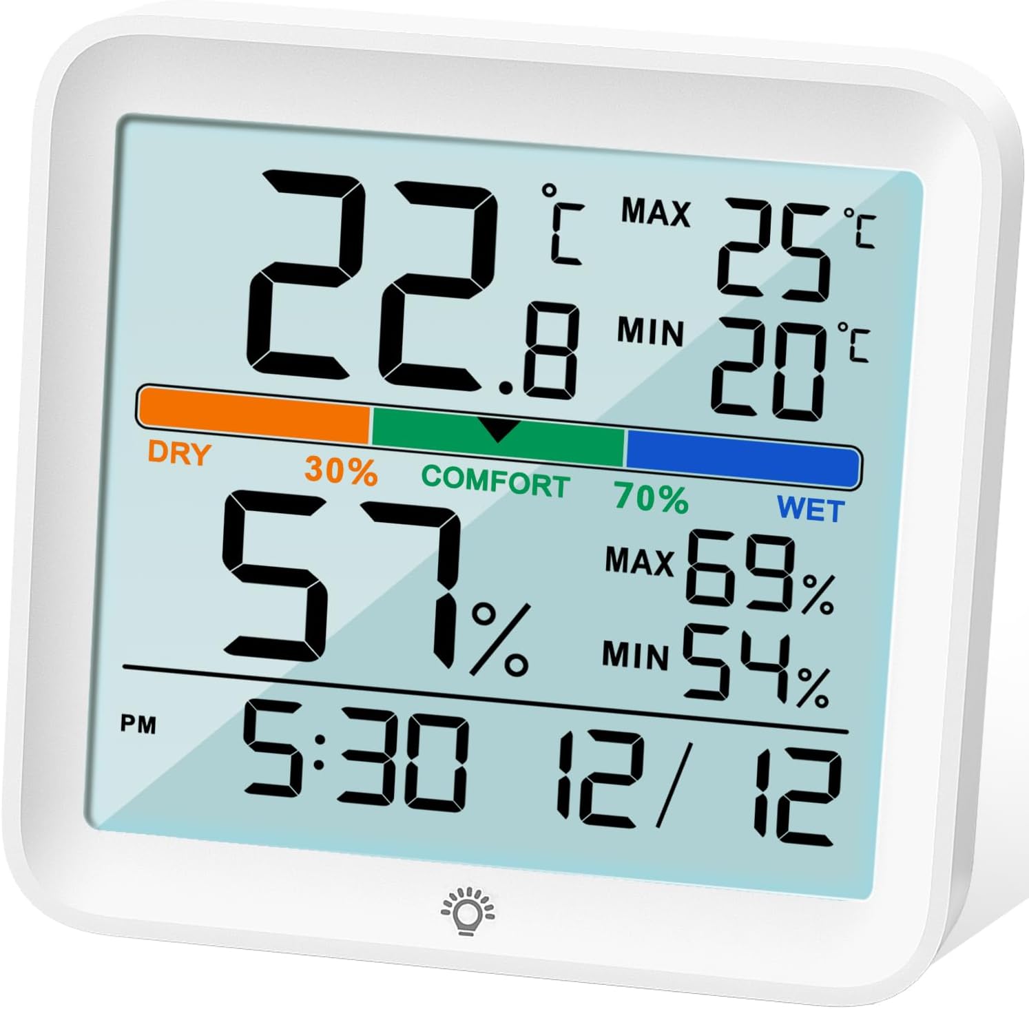 NOKLEAD Higrómetro Termómetro para interiores - Medidor digital de humedad de la habitación Medidor de monitor de temperatura preciso Registros máximos/mínimos, LCD táctil con reloj retroiluminado