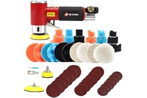 SI FANG 48Pcs 1'' 2'' 3'' Mini Random Orbital Air Sander Kit,High Speed Mini Air Sander Polisher for Auto Body Work, Includes 1/2/3in Polishing Sponge & Wool Pads Sandpapers (Red Air Sander Kit)