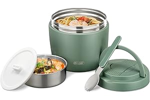 LOGEEYAR Boîtes Alimentaires Isothermes, 1000ml, Boîte avec Cuillère Pliable,Grande Bouche Repas Chaud Bol D'isolation sous vide,Très adapté aux vacances,au déjeuner et à la fête,Vert