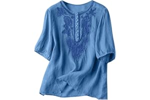 ACHIMLT Magliette Donna Cotone Lino Estiva Maglia Donna in Cotone Manica Corta Girocollo Vintage T-Shirt Donna Camicia Oversize Moda Maglie Donna con Ricamo Sottile Elegante Camicie Estive Donna