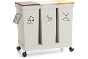 YOYIKKO Set 3 Bidoni Differenziati, Pattumiere, 3 contenitori con coperchio, 3 x 12 l, contenitori per il riciclaggio rimovibili con ruote, sistema di raccolta differenziata (36L-60)